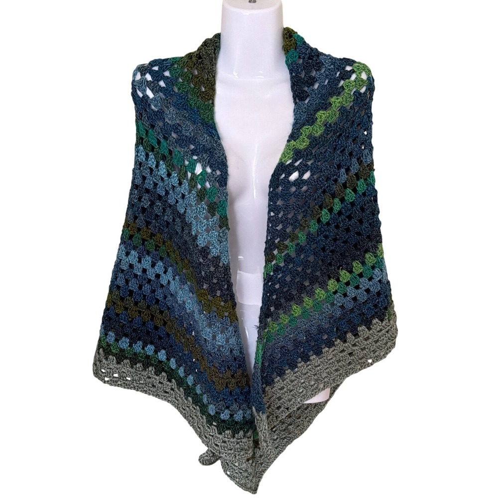Handmade Crochet Granny Stitch Triangle Shawl Wrap Blue Green Sage Boho